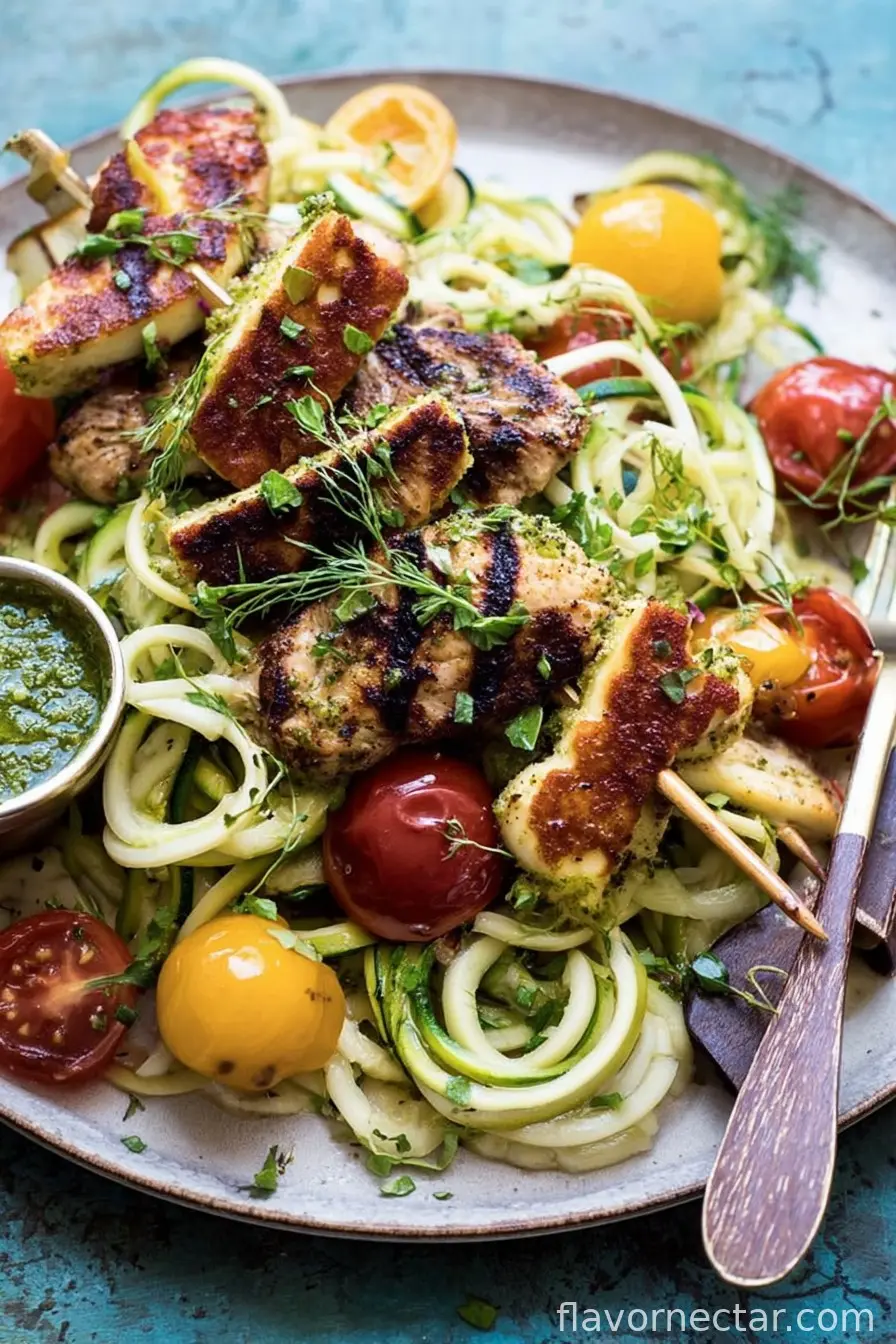 Mediterranean Chicken and Summer Squash Noodles with Fried Halloumi