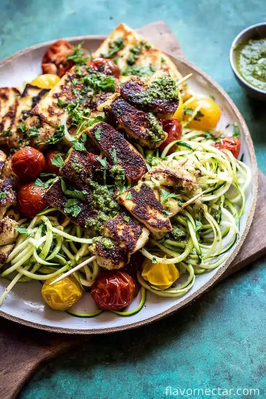 Mediterranean Chicken and Summer Squash Noodles with Fried Halloumi
