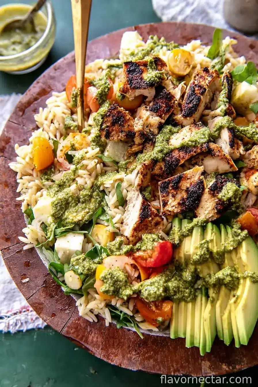 Pesto Chicken Avocado Orzo Salad.
