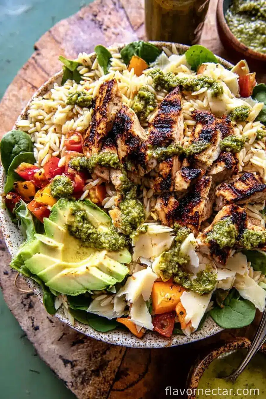 Pesto Chicken Avocado Orzo Salad.
