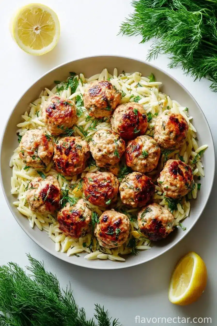 Greek Chicken Meatballs with Lemon Orzo