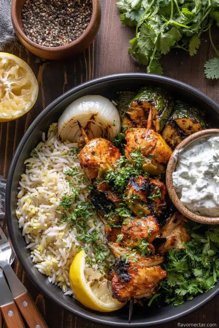 Greek Chicken Skewers with Lemon Rice