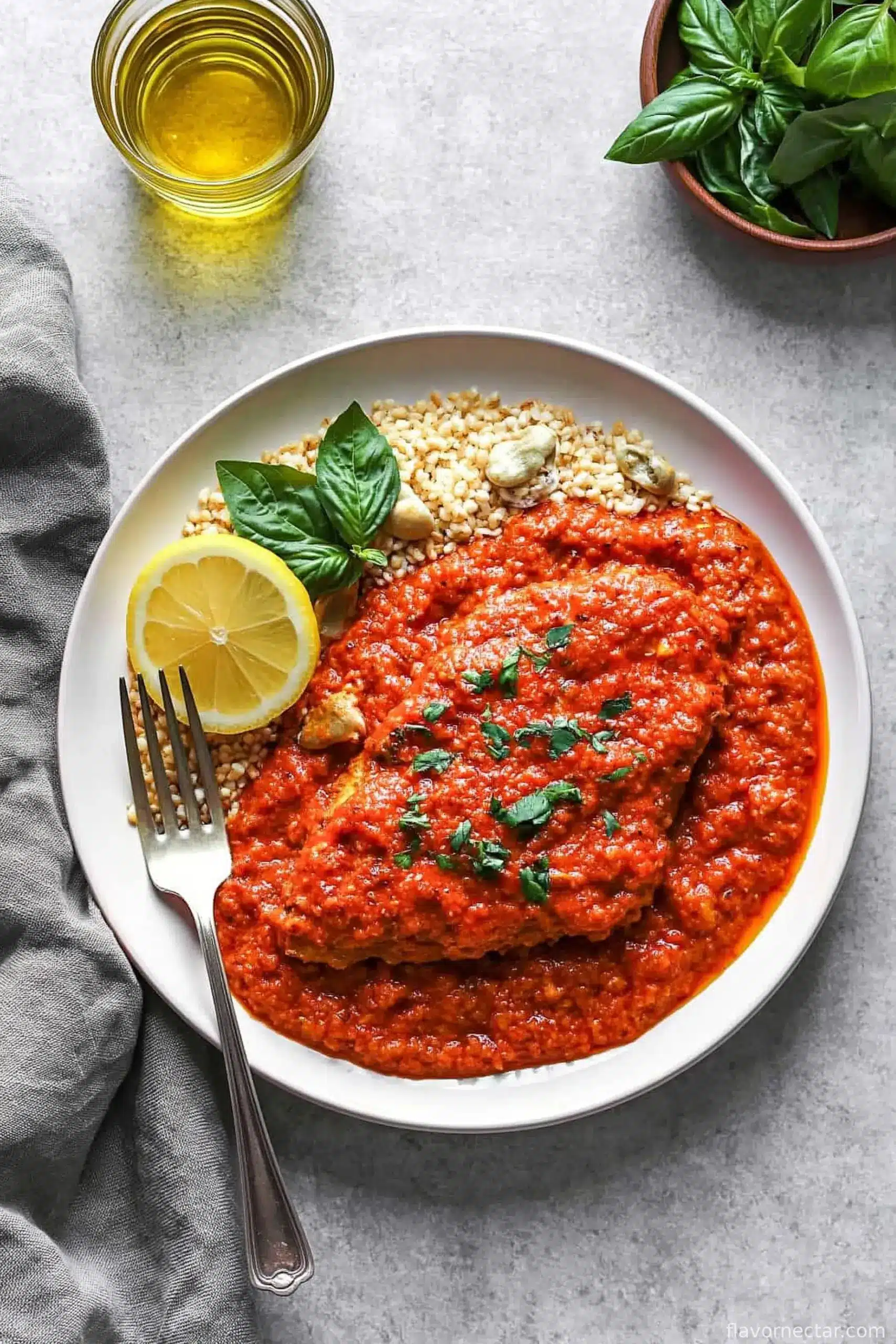 Mediterranean Chicken with Roasted Red Pepper Sauce
