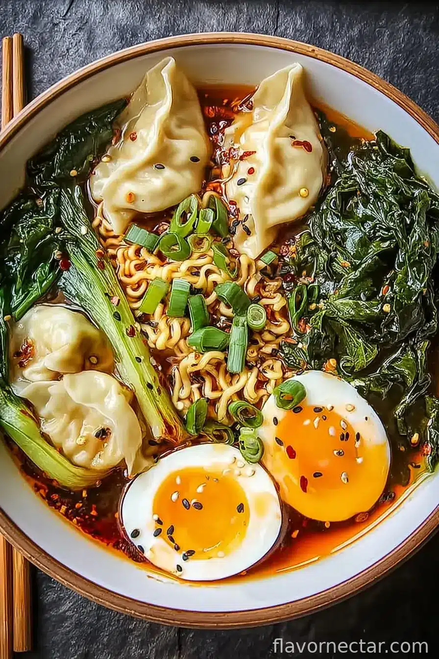 Savory Dumpling Ramen Bowl with Soft-Boiled Eggs and Fresh Greens