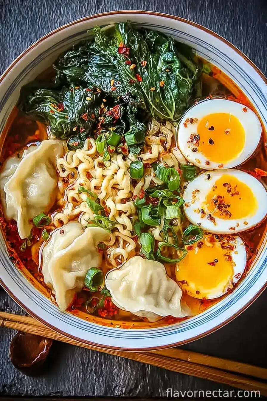 Savory Dumpling Ramen Bowl with Soft-Boiled Eggs and Fresh Greens