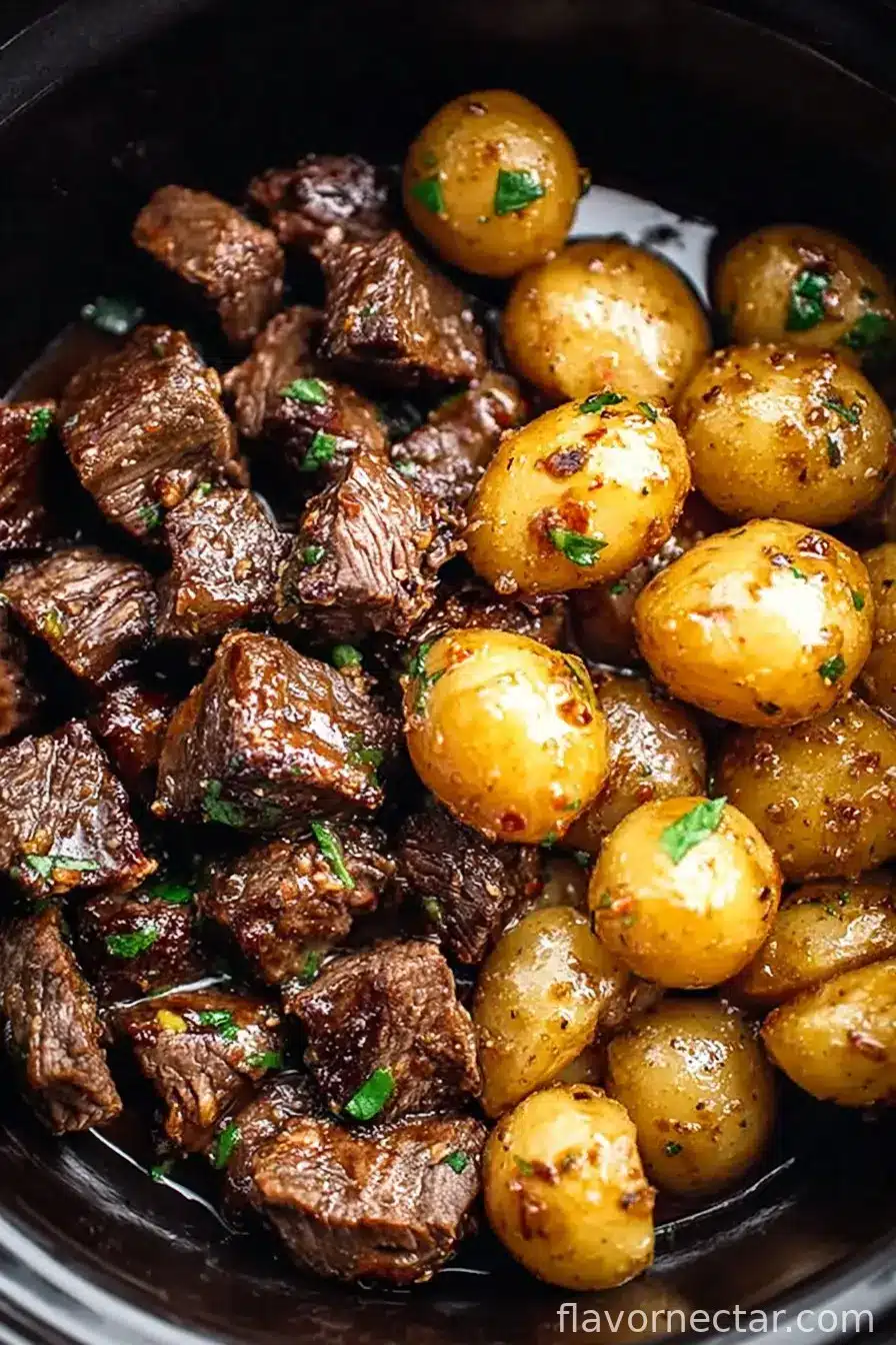 Slow Cooker Garlic Butter Beef Bites with Potatoes