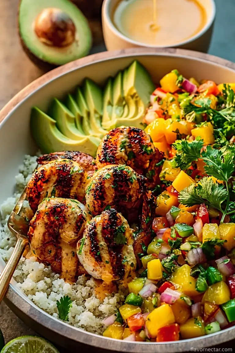 Shrimp And Avocado Bowls With Mango Salsa Lime Chili Sauce