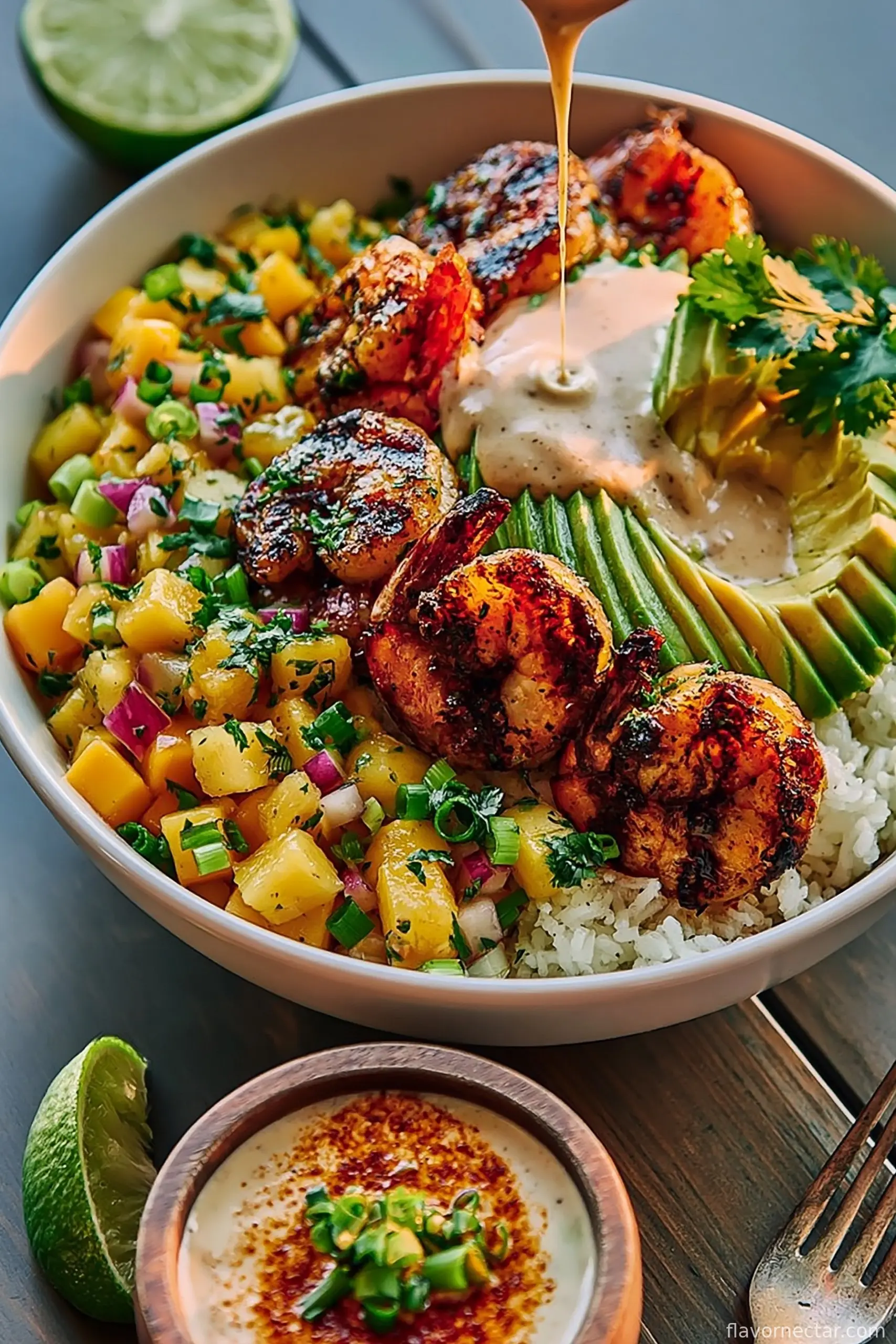 Shrimp And Avocado Bowls With Mango Salsa Lime Chili Sauce
